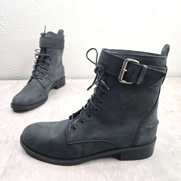 Madewell Combat Boots Leather Black Grunge Moto Lace Up Ankle Booties Size 7.5 - Picture 1 of 12